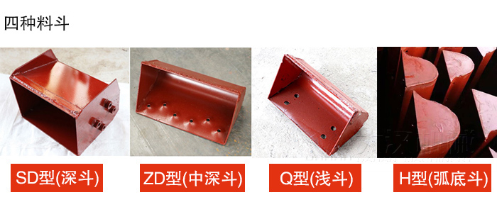 四種料鬥Q型(淺鬥)、H型(弧底鬥)、ZD型(中深鬥)SD型(深鬥)展示圖